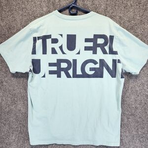 True Religion Shirt Mens XXL Blue Big Letter Logo Graphic Tee Horseshoe